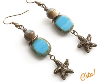 Starfish Dangle Earrings, Hypoallergenic Ear Wires, Aqua Blue Czech Glass, Antique Brass, Lightweight Earrings, Beach Earrings, Beach Lover