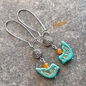 Turquoise Bird Dangle Earrings Hypoallergenic Ear Wires