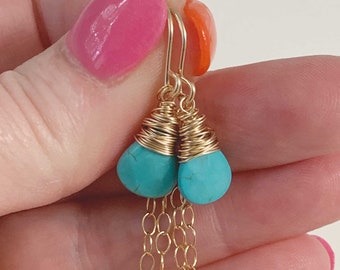 Small Turquoise Dangle Earrings, 14k Gold Filled, Wire Wrapped, Hypoallergenic