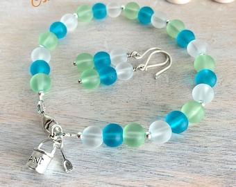Set - Sea Glass Bracelet and Earrings, Sterling Silver, Beach Jewelry