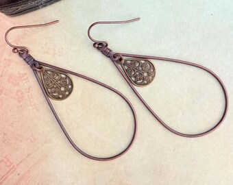Teardrop Hoop Earrings, Antique Copper and Brass Tone, Hypoallergenic, Mixed Metal, Boho Dangles