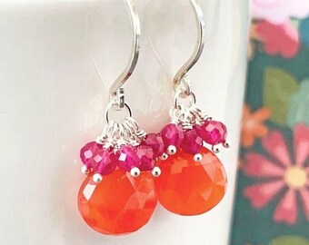 Carnelian Drop Earrings with Ruby Cluster, Sterling Silver