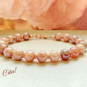 8mm Sunstone Beaded Bracelet, Rose Gold Plated, Peach Gemstone