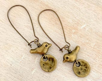 Small Brass Bird Dangle Earrings, Hypoallergenic Antique Brass Tone