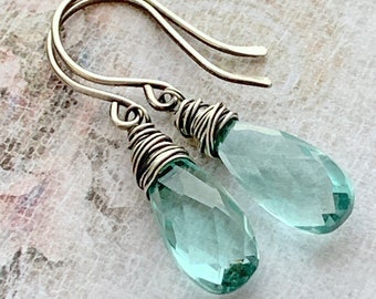 Green Amethyst Earrings, Prasiolite Earrings, Sterling Silver, Light Green Gemstone Earrings, Wire Wrapped Earrings, Handmade Earrings, Gift