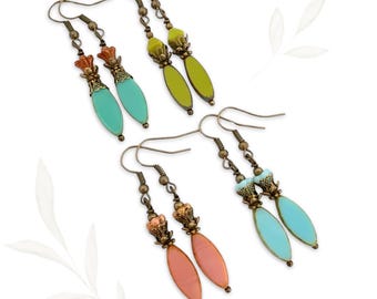 Boho Czech Glass Earrings, Colorful Dangle Earrings, Rustic Antique Brass Jewelry