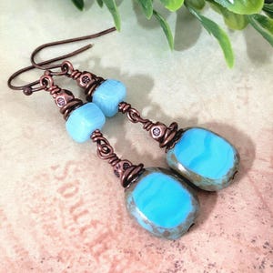 Boho Blue Beaded Dangle Earrings, Czech Glass Beads, Nickel Free, Hypoallergenic, Antiqued Copper, Leverback Option, Rustic Handmade Jewelry