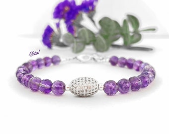 Natural Amethyst Beaded Bracelet, Sterling Silver, CZ Pavé Bead and Charm