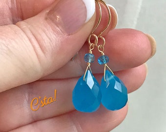 Blue Chalcedony and Topaz Earrings, 14k Gold Filled, Handmade Jewelry, Hypoallergenic