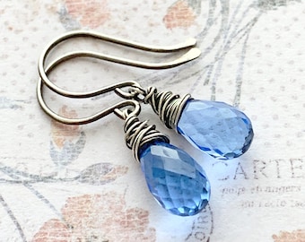Blue Gemstone Drop Earrings, Sterling Silver, Wire Wrapped Dangles