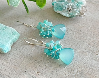 Aqua Blue Chalcedony Earrings, Sterling Silver, Light Blue Earrings, Cluster Earrings, Earrings for Women, Summer Earrings, Gift for Her