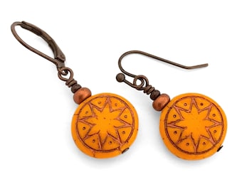 Marigold Yellow Star of Ishtar Earrings, Czech Glass, Antique Copper Tone, Hypoallergenic