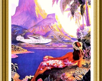 May include: A vintage travel poster in a gold frame featuring the text FLY TO SOUTH SEA ISLES and Via PAN AMERICAN. The illustration depicts a person in a floral sarong reclining on a tropical hillside overlooking a bay with a seaplane.