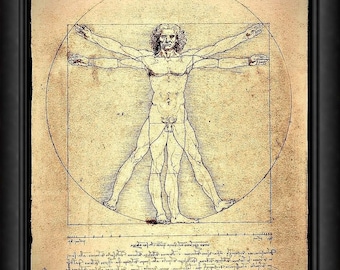 Puede incluir: Un dibujo a tinta en tono sepia del Hombre de Vitruvio que muestra una figura con brazos y piernas extendidos superpuestos dentro de un círculo y un cuadrado. La obra incluye texto manuscrito en escritura especular italiana arriba y abajo.