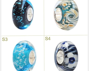 9.25 Silver 4.5mm Hole Lampwork Bubble Blue Glass Beads Flower Glaze Bead Fit European Charm Bracelets Big Hole Bead Craft Supply