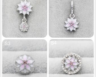 Enamel Magnolia Flower Crystal Silver Alloy Bead Pendant Big Hole Beads Loose Bead Fit European Charm Bracelets Big Hole Bead Supply