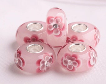 9.25 Silver Hole 4.5mm Lampwork Crystal Pink Flower Glaze Bead Glass Beads five-petaled flower Bead European Charm Bracelet Big Hole Bead