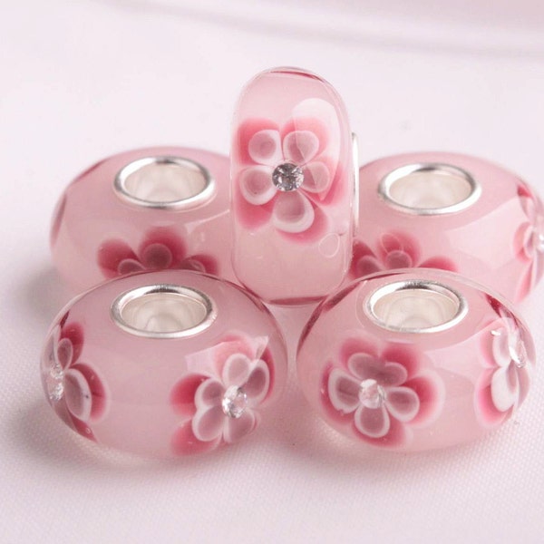 9.25 Silver Hole 4.5mm Lampwork Crystal Pink Flower Glaze Bead Glass Beads five-petaled flower Bead European Charm Bracelet Big Hole Bead