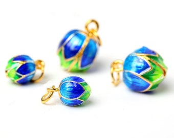 Cloisonne Bead Lotus Flower Bead Pendant Blue Enamel Alloy Gold Plating Bead Charm Asian Style DIY Necklace bracelets Bead Supply