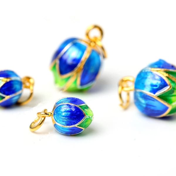 Cloisonne Bead Lotus Flower Bead Pendant Blue Enamel Alloy Gold Plating Bead Charm Asian Style DIY Necklace bracelets Bead Supply