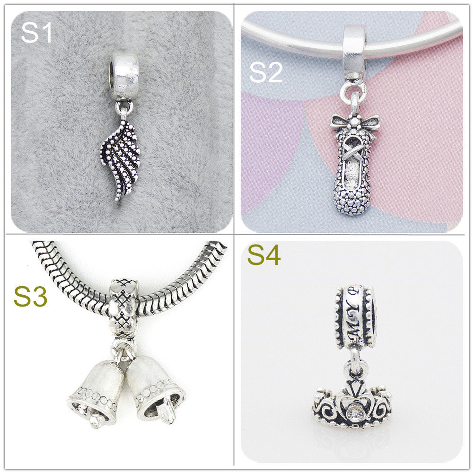 silver alloy angel wing ballet shoes bell bead pendant big hole beads loose bead fit european charm bracelets craft