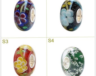 9.25 Silver 4.5mm Hole Lampwork Flower Glass Beads Bubble Color Glaze Bead Fit European Charm Bracelets Big Hole Bead Craft Supply