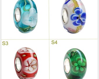 9.25 Silver 4.5mm Hole Lampwork Gift Glaze Bead Flower Glass Beads Fit European Charm Bracelets Big Hole Bead Craft Supply