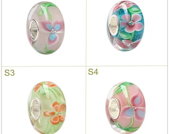 9.25 Silver 4.5mm Hole Lampwork Gift Glaze Bead Flower Glass Beads Fit European Charm Bracelets Big Hole Bead Craft Supply