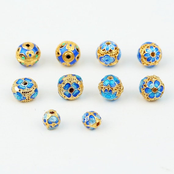 Cloisonne Bead Craved Bead Blue Enamel Alloy Copper Gold Plating Bead DIY Charm Sweater Chain Asian Style bracelets Bead