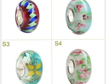 9.25 Silver 4.5mm Hole Lampwork Gift Glaze Bead Flower Glass Beads Fit European Charm Bracelets Big Hole Bead Craft Supply