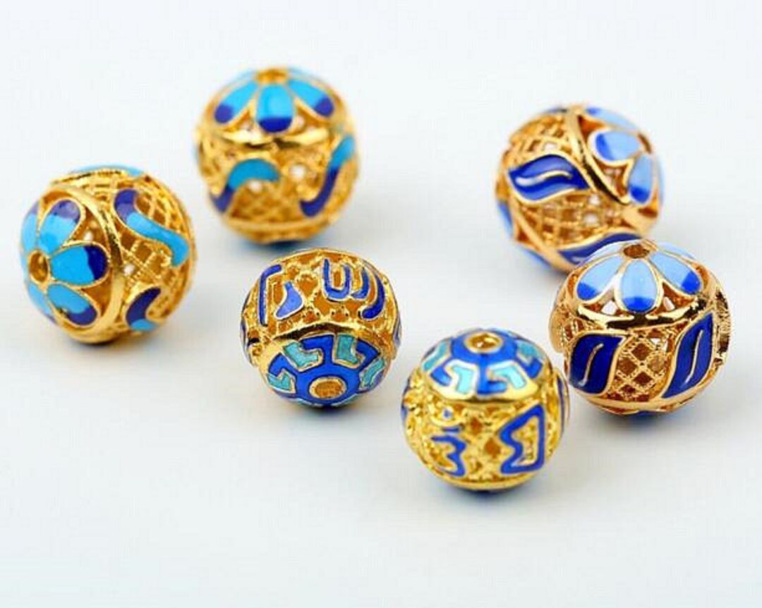 Cloisonne Bead 12mm 14mm Bead DIY Beads Blue Enamel Fine Copper Gold