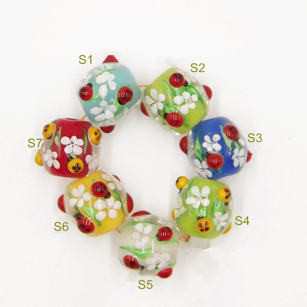 16mm Lamp work Flower Ladybug Glaze Bead Prayer beads Colorful Glass Beads Lucky Bead Design Charm DIY bracelets Bead Supply