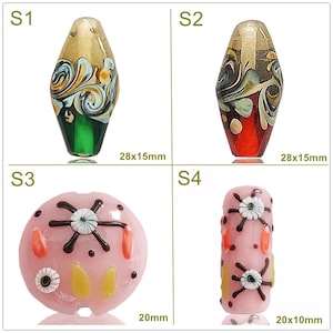 May include: Four glass beads with different designs and colors. The beads are approximately 28x15mm and 20x10mm in size. S1 is gold with green, blue, and white swirls. S2 is red with green, blue, and white swirls. S3 is pink with black, white, and orange accents. S4 is pink with black, white, and yellow accents.