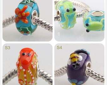 Silver 4.5mm Hole Lampwork 7x14mm Glass Bead Frog Octopus Bee Bead Fit European Charm Bracelets Big Hole Bead DIY Bead