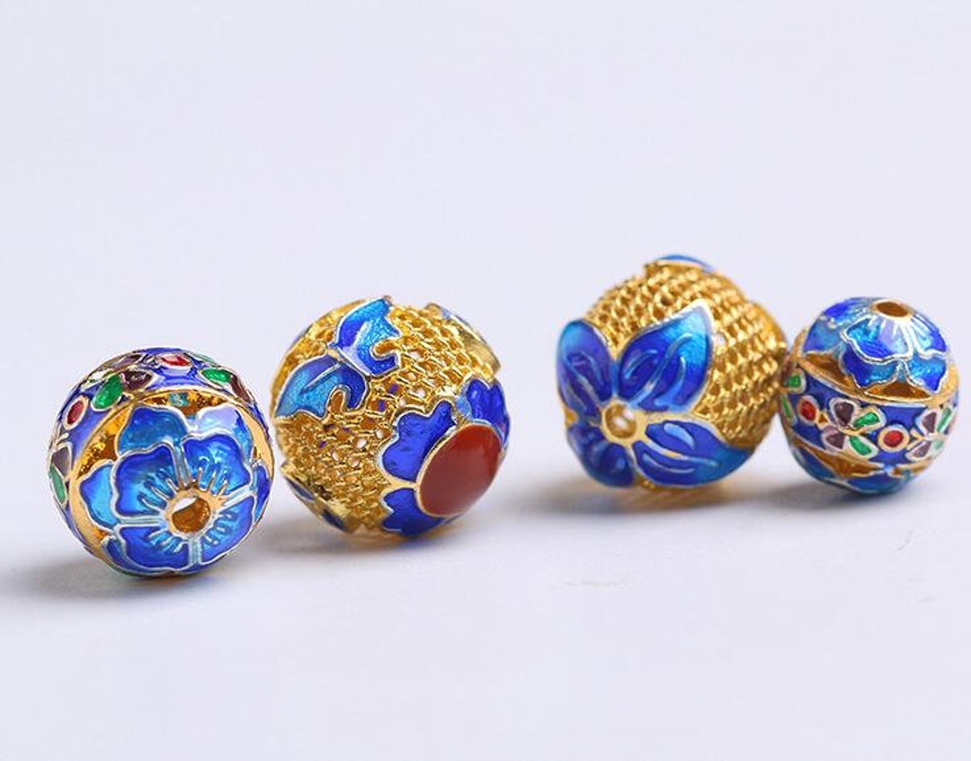 Cloisonne Bead Flower Carved Beads Enamel Vintage Gold Plating Bead