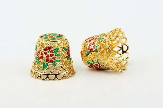 Cloisonne Bead Flower Receptacle Bead Accessory Flower Cap DIY Beads Enamel Filler piece Gold Plating Bead Charm Asian Style bracelets Bead