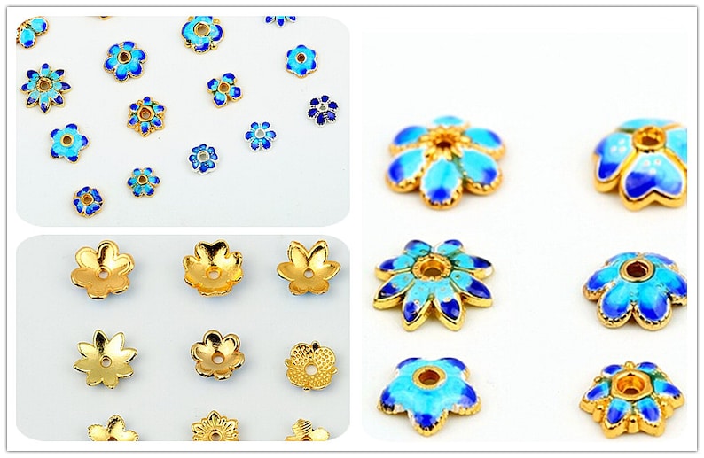 以下が含まれることがあります： 小さな花型のジュエリーパーツのコレクション。 金色の金属で花型になっているものもあれば、金色のアクセントが付いた青いエナメルデザインのものもあります。 これらのコンポーネントは、おそらくジュエリー作りに使用されます。
