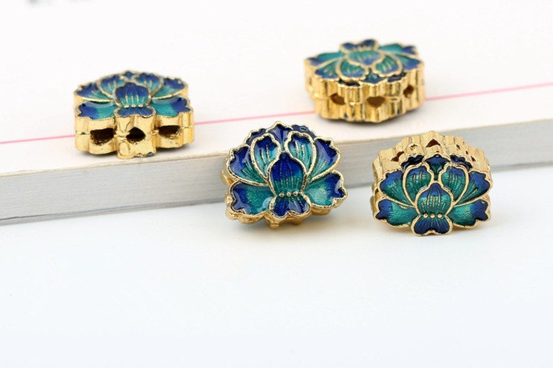 13.5x11x7mm Cloisonne Bead Flower Lotus Bead DIY Beads Blue Etsy