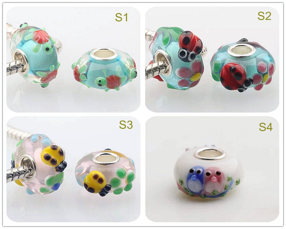 9.25 Silver 4.5mm Hole Lampwork 8x14mm Turtle Ladybug Love Birds Glass Beads Turtle Bead Fit European Charm bracelets Big Hole Bead