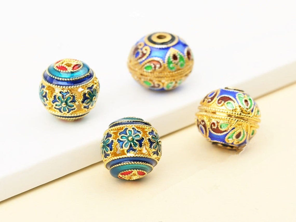 Cloisonne Bead Spacer Beads Beauty Enamel Blue Gold Art Bead Etsy