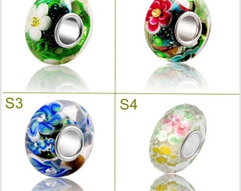 9.25 Silver 4.5mm Hole Lampwork Gift Glaze Bead Flower Glass Beads Fit European Charm Bracelets Big Hole Bead Craft Supply