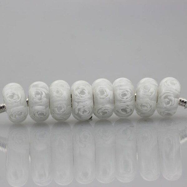 9.25 Silver Lampwork White Rose Flower Glaze Bead Glass Beads Gift Bead Fit European Charm Bracelets bracelets Big Hole Bead