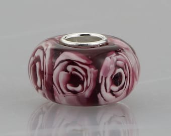 9.25 Silver Lampwork Rose Flower Glaze Bead Glass Beads Gift Bead Fit European Charm Bracelets bracelets Big Hole Bead