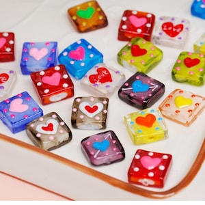 6 pieces of mix color Lampwork 16x15mm Square Dot Heart Glaze Bead Glass Beads Charm Bracelet DIY bracelets On Sale