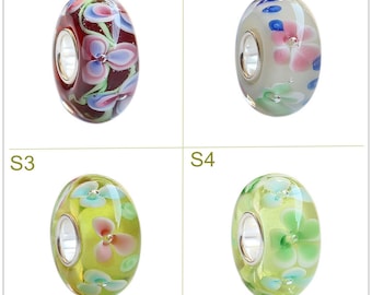 9.25 Silver 4.5mm Hole Lampwork Gift Glaze Bead Flower Glass Beads Fit European Charm Bracelets Big Hole Bead Craft Supply
