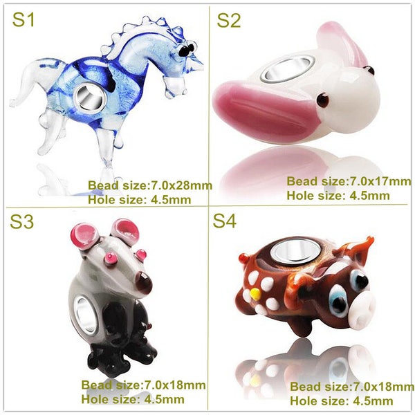 Silver Hole 4.5mm Lampwork Hippocampus Mouse Pig Rabbit Glass Beads Piggy Bead Fit European Charm Bracelets Animal Bead Big Hole Bead