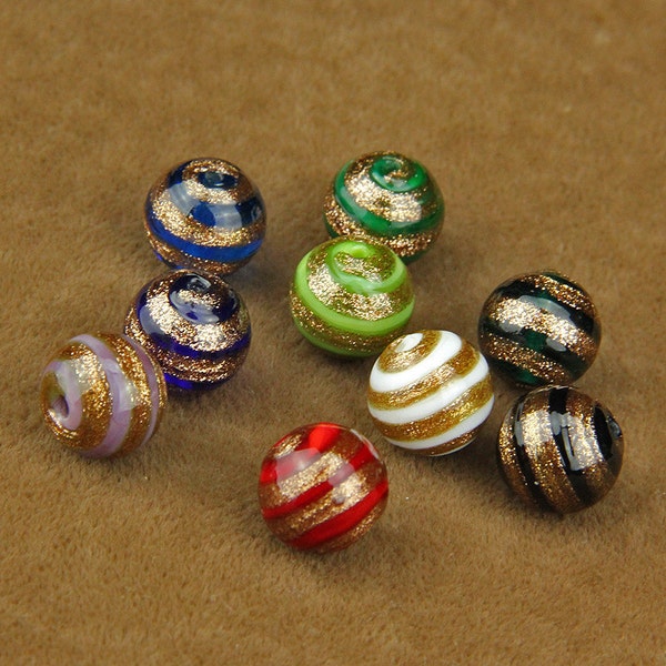 Lamp work 10mm 12mm Color Winding coil Gold Foil Glass Beads Lucky Bead Charm Round Ball Bead Glaze Beads DIY bracelets Bead Supply