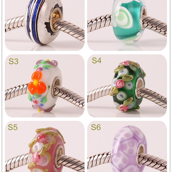 Silver 4.5mm Hole Lampwork 7x14mm Glass Bead Design Bead Fit European Charm Bracelets Big Hole Bead DIY Bead