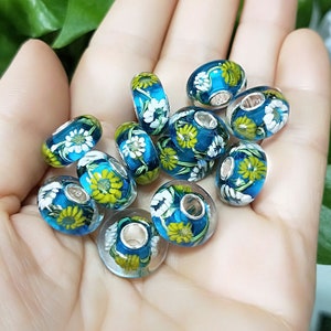 9.25 Silver Lampwork Flower Glaze Bead Glass Beads Gift Bead Fit European Charm Bracelets bracelets Big Hole Bead image 1