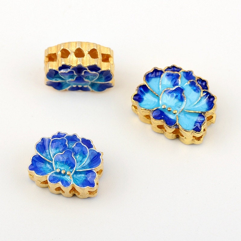 3 Blue Enamel Flower Charms, Mini Flower Pendants, Enamel Charms
